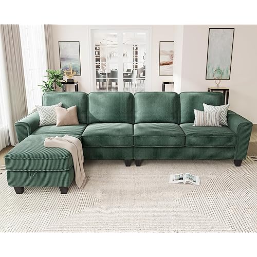 KKL Sectional Sofa Couch for Living Room, 106 Inches L Shaped Couch with Storage, 5 Seater Corduroy Home Sofas, Modern Couches with Chaise for Apartment, Sofas para Sala, Green