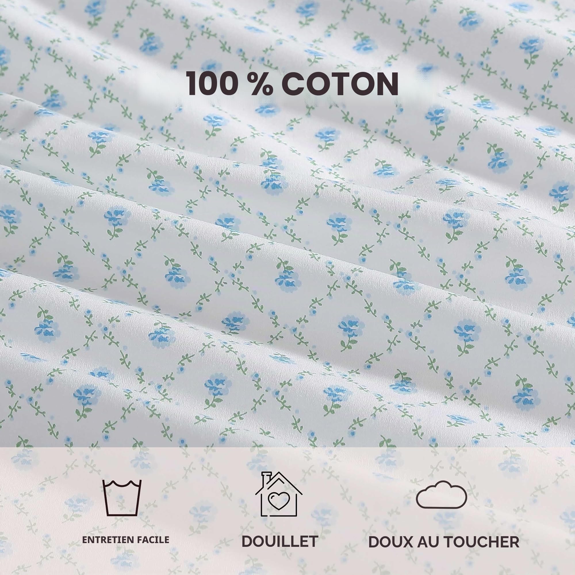 Laura Ashley - Ensemble de draps, literie en Percale de Coton Respirant, 200 Fils au Pouce carré, Poche Profonde, décoration d'intérieur Chic (Bleu Kate, Queen)