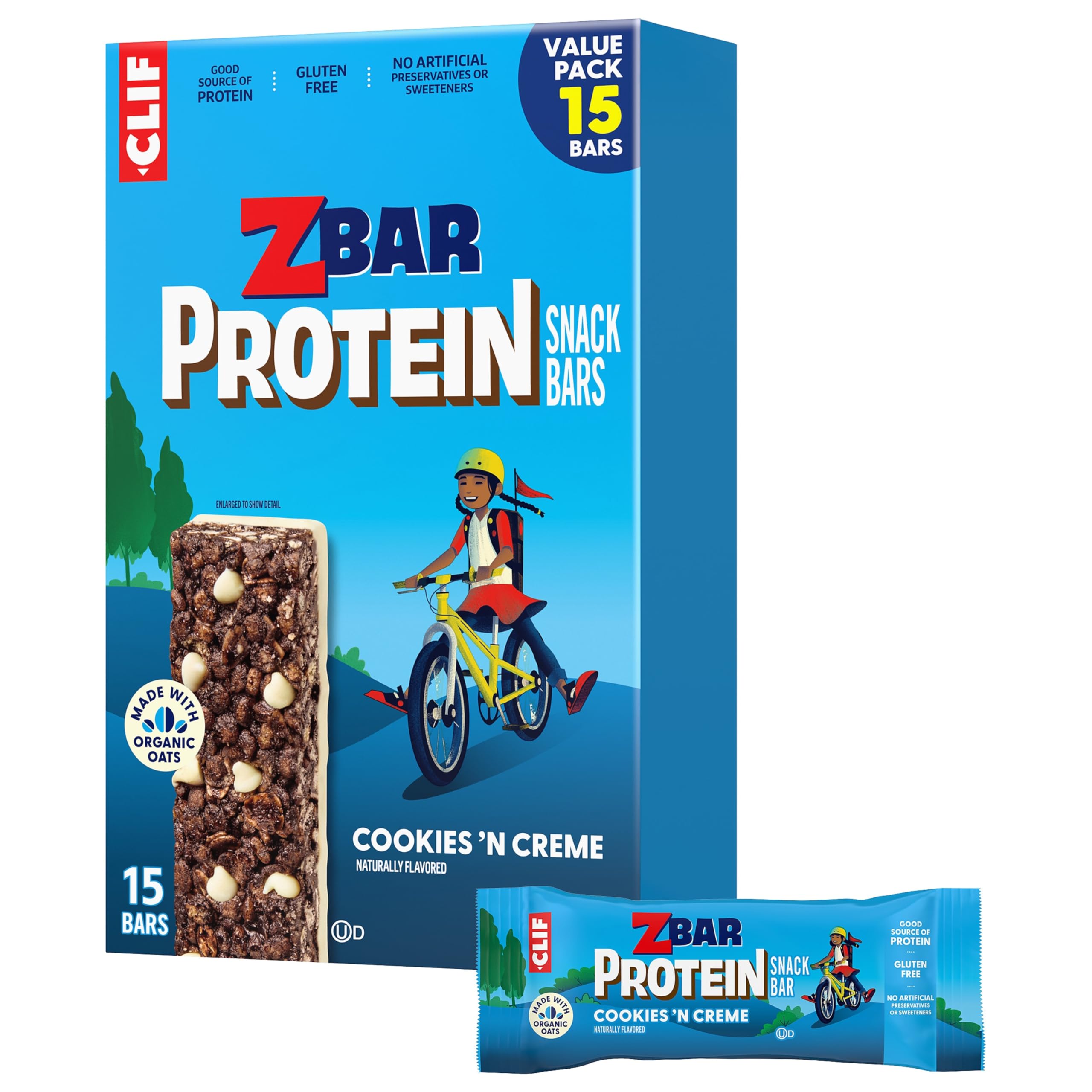 Zbar Protein - Cookies 'n Creme - Crispy Whole Grain Snack Bars - Made with Organic Oats - Non-GMO - 5g Protein - 1.27 oz. (15 Pack)