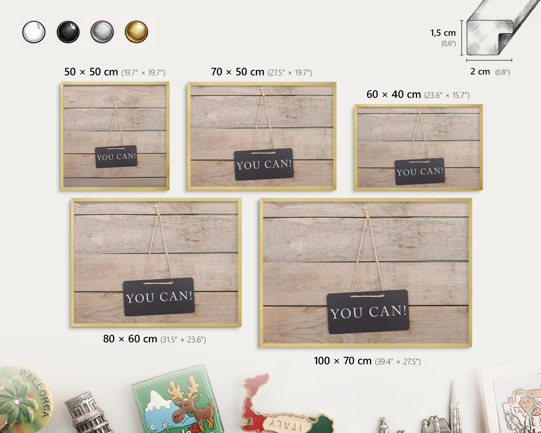 Organizador de Pared 100x70 cm | con Marco Dorado | Motivación Cada Día | Montaje Fácil | Metálico | Pizarra Magnética | Para Reuniones, Gestión de Proyectos, Brainstorming y Mementos