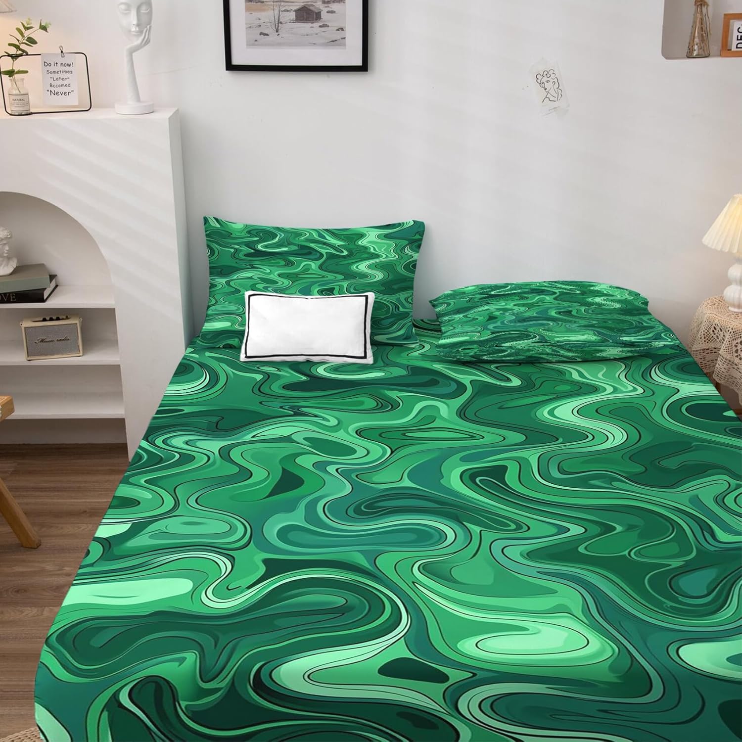 Emerald Green Sheets Queen Size - Psychedelic Bed Sheets, Soft Microfiber & Deep Pocket & Wrinkle Free Patterned Bedding Sheets & Pillowcases, 4 Piece ( 1 Fitted Sheet, 1 Flat Sheet, 2 Pillow Cases )