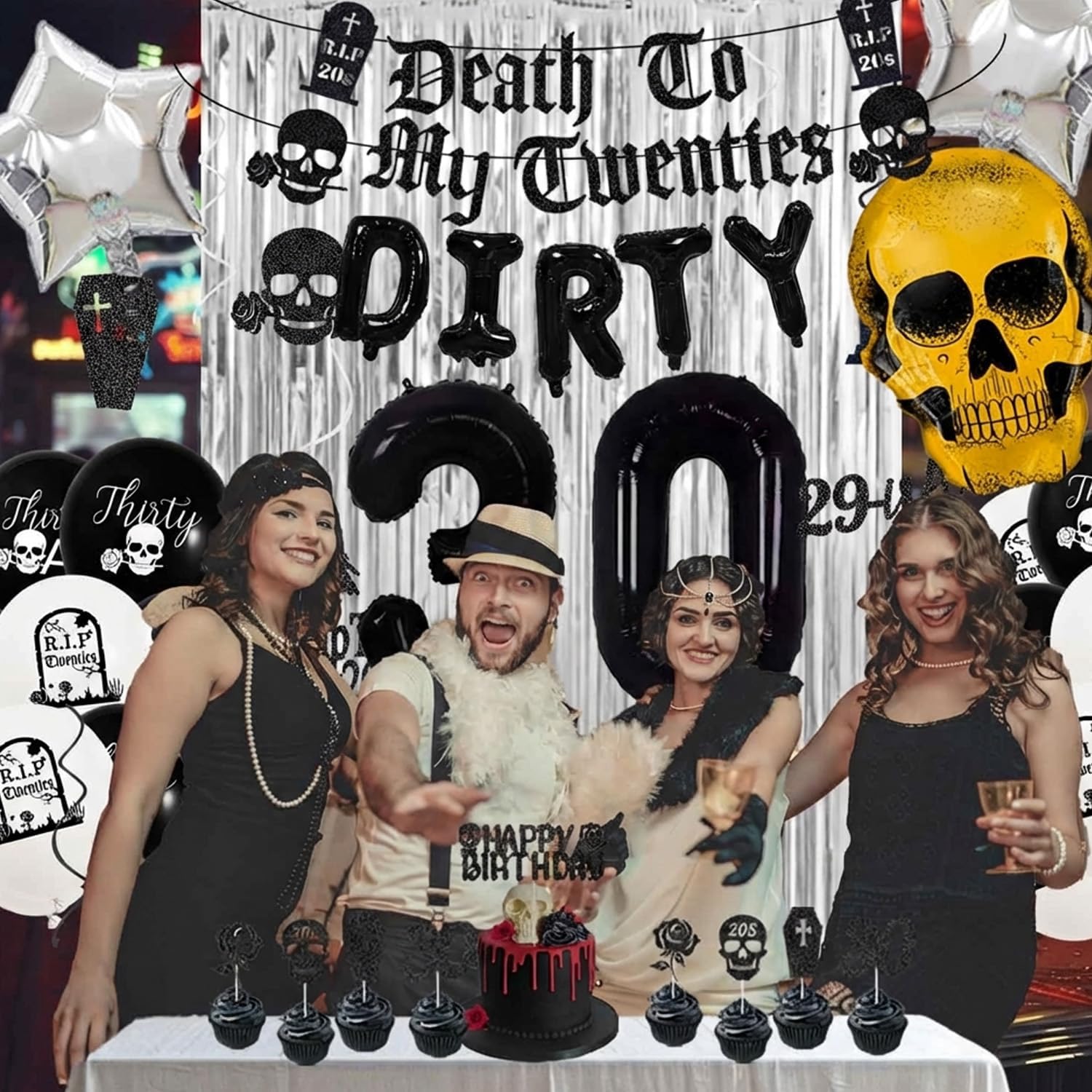 Dirty 30th Birthday Decorations Black Death to My Twenties Decorations, Funeral for my Youth, RIP 20s Birthday Banners 30th balloons,Cake Topper,Sash Man’s Happy Birthday Decorations for Her Him - Image 5