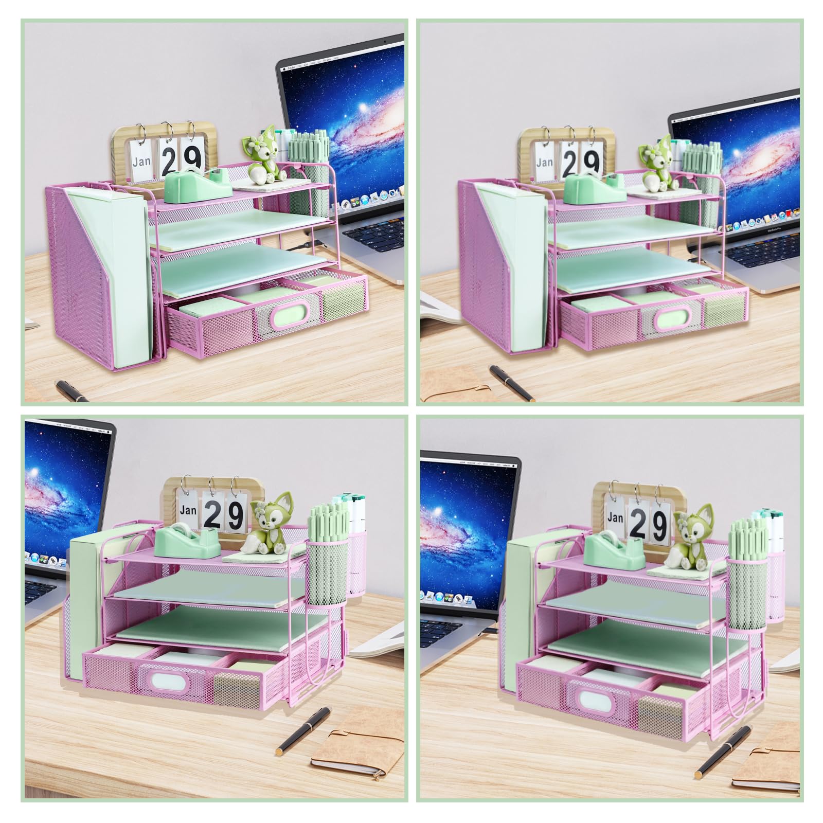3 Tier Desk File Organiser with Extra Vertical File Sorter, Paper Letter Tray with Top Stationery Drawer Holder, A4 Paper Desktop Filing Trays, Magazine Document Holder for Home Office, Pink - Image 4