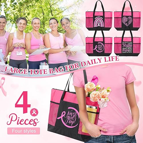 Miniatura 4 de Set de regalo de concientización sobre el cáncer de mama para mujeres, bolsas de mano con letrero de cinta rosa