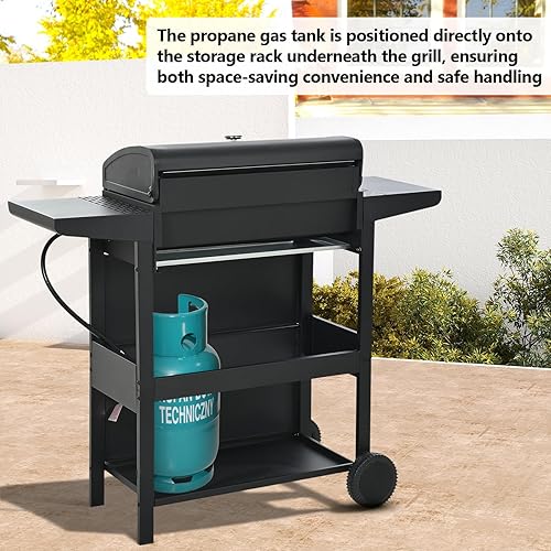 Miniatura 5 de Zevemomo Parrilla de propano de 4 quemadores con tapa superior, ruedas, mesas laterales, termómetro integrado, parrilla de gas de acero inoxidable