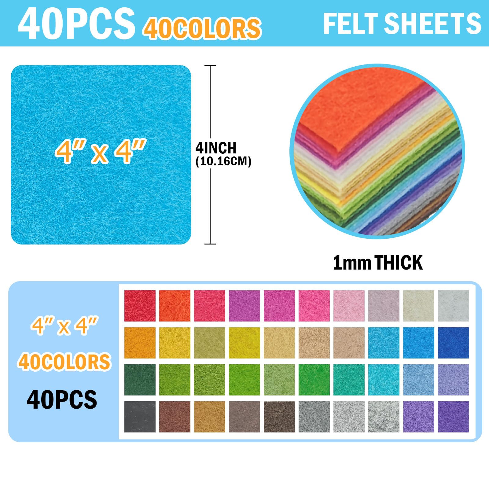 40PCS Felt Fabric Sheets Craft - 4"x 4" Assorted Colors - 1mm Thick Square Nonwoven Felt Fabric for Crafts DIY