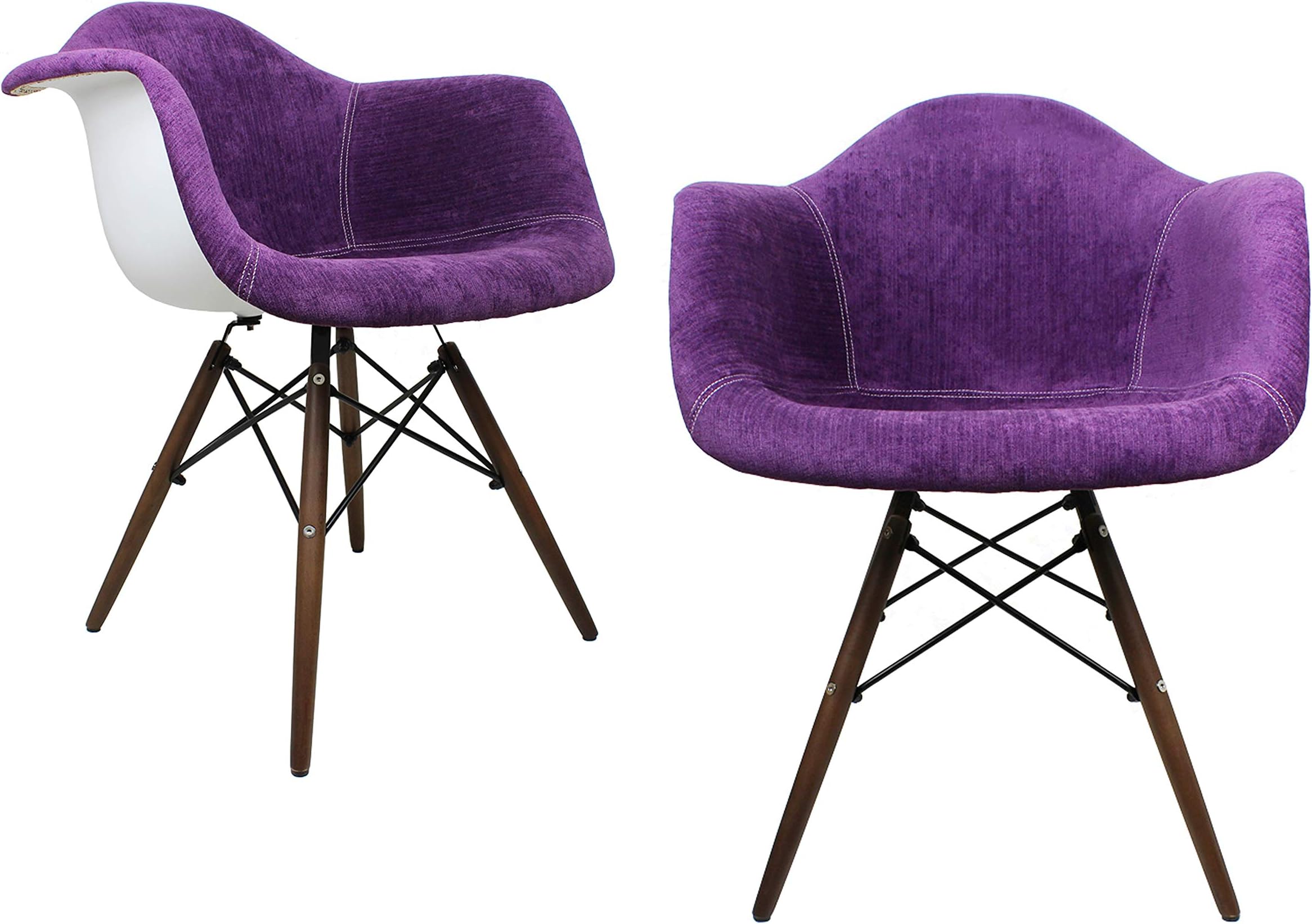 Mid-Century Modern Velvet Fabric Upholstered Accent Arm Chair with Dark Walnut Wood Eiffel Legs Set of 2 (Purple)