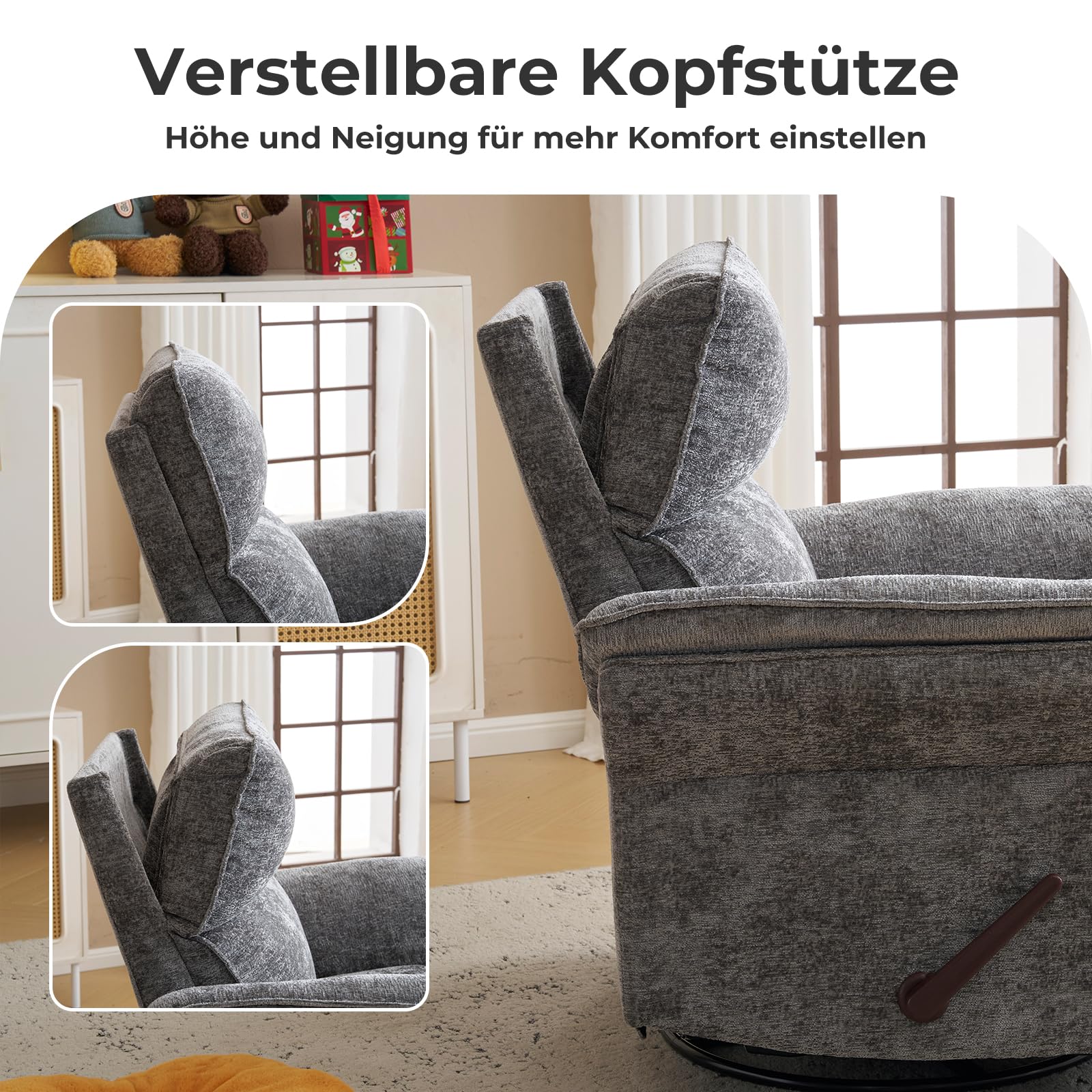 Fernsehsessel mit Liegefunktion und Verstellbarer Kopfstütze, 360°Drehbarer TV Sessel Wohnzimmer, Relaxsessel mit Gepolsterte Kopfstütze, Seitentaschen, grau
