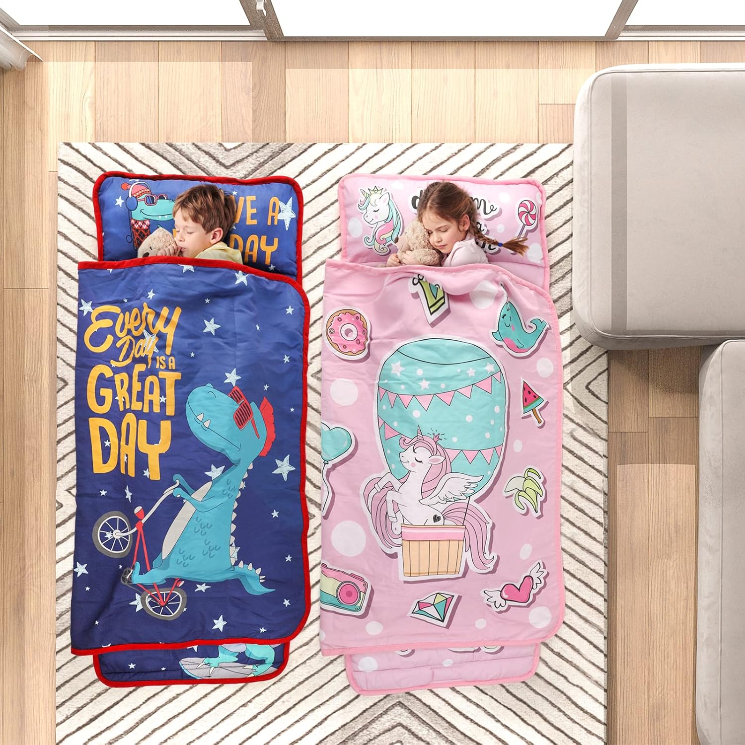 TANOSHII® Toddler Nap Mat with Pillow and Blanket, Portable Kids Sleeping Mats for Daycare, Preschool, 21" x 53", Lightweight and Soft Sleeping Bags for Kids