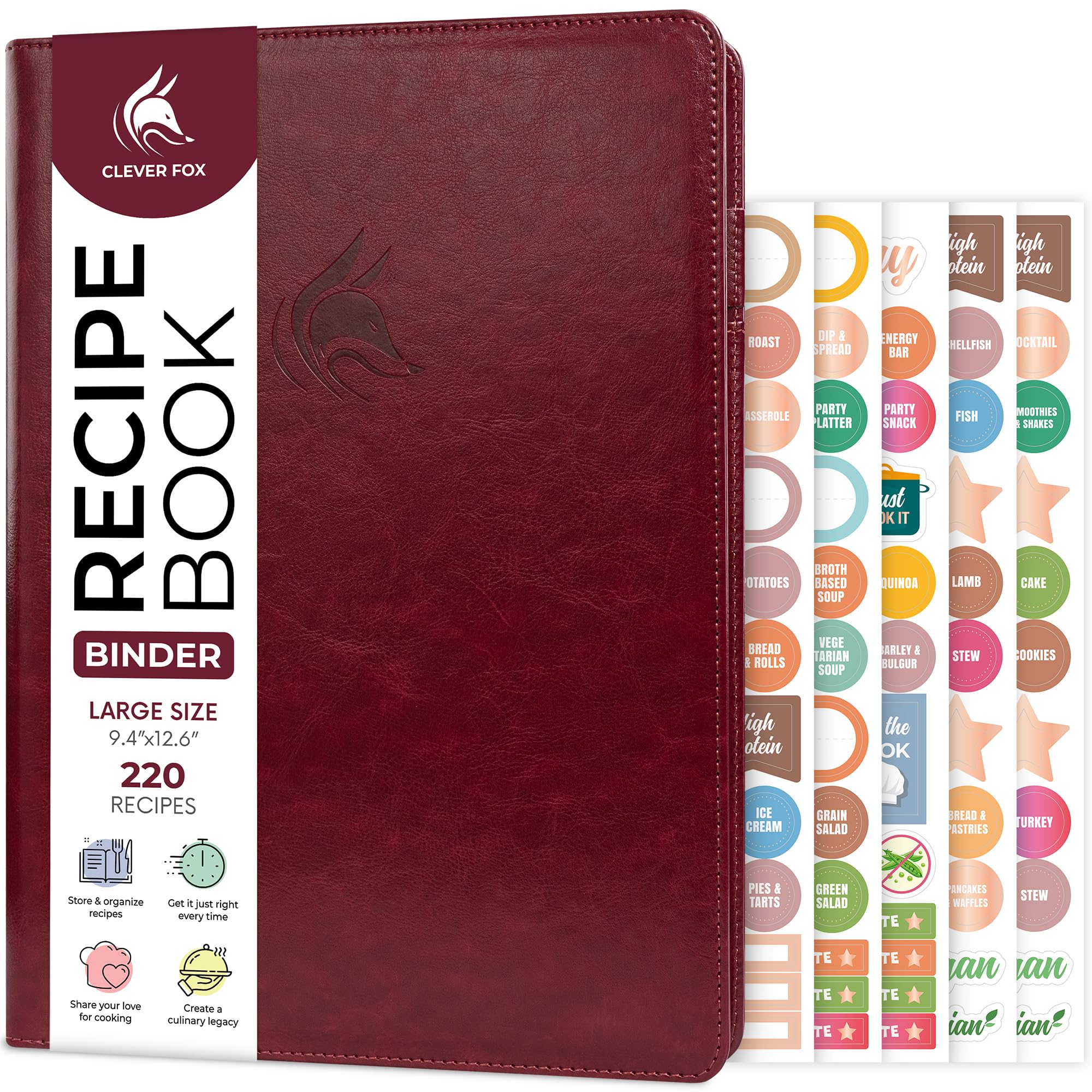 Clever Fox Recipe Book Binder with Tabs – Ring Notebook Organizer with Blank Pages to Write in Your Own Recipes – Personalized Family Cook Book, 220 Recipes, 9.4x12.6” (Burgundy)