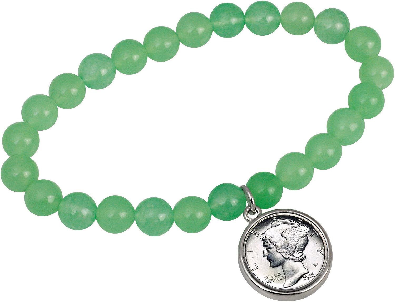 American Coin Treasures Green, Beaded Wrist Bracelet for Women, Chakra Jewelry with Silver Mercury Dime Coin