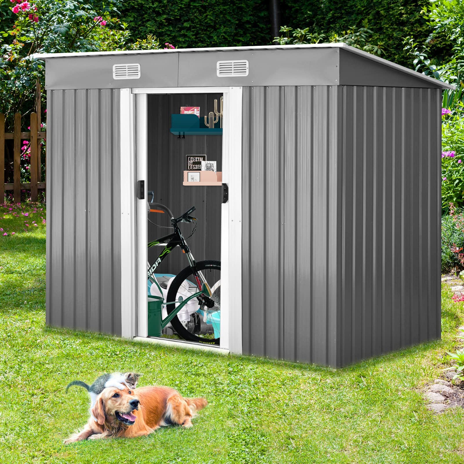 RELAX4LIFE Casetta da Giardino 3,12 m² 5 m³, in Lamiera d'Acciaio e e Lamiera Zincata con2 Porte Scorrevoli, Tetto Inclinato, per Porta Attrezzi, Tosaerba 238×131×160cm