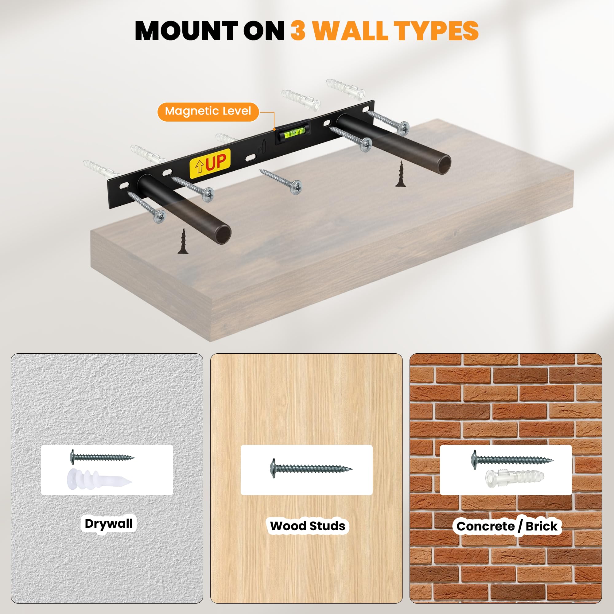 RICHER HOUSE Braun - Juego de 2 estantes de pared (60 x 23,5 x 3,8 cm, tablero de fibra de densidad media) | Estantería de madera para pared, con soportes invisibles, para dormitorio, salón, baño, cocina, lavandería, oficina