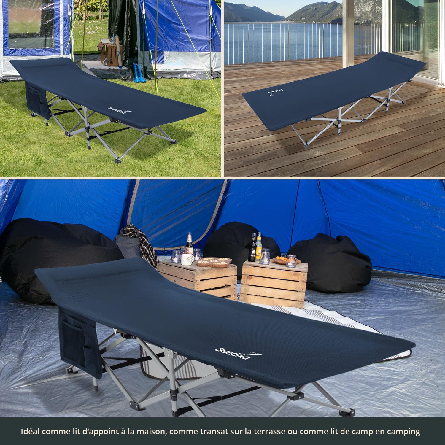 Skandika Lit de Camping Viia | Lit Pliant Confortable, Grande Surface de Couchage Robuste, Pliable, Poche latérale | Lit de Camping pour Camper, Festival, Maison