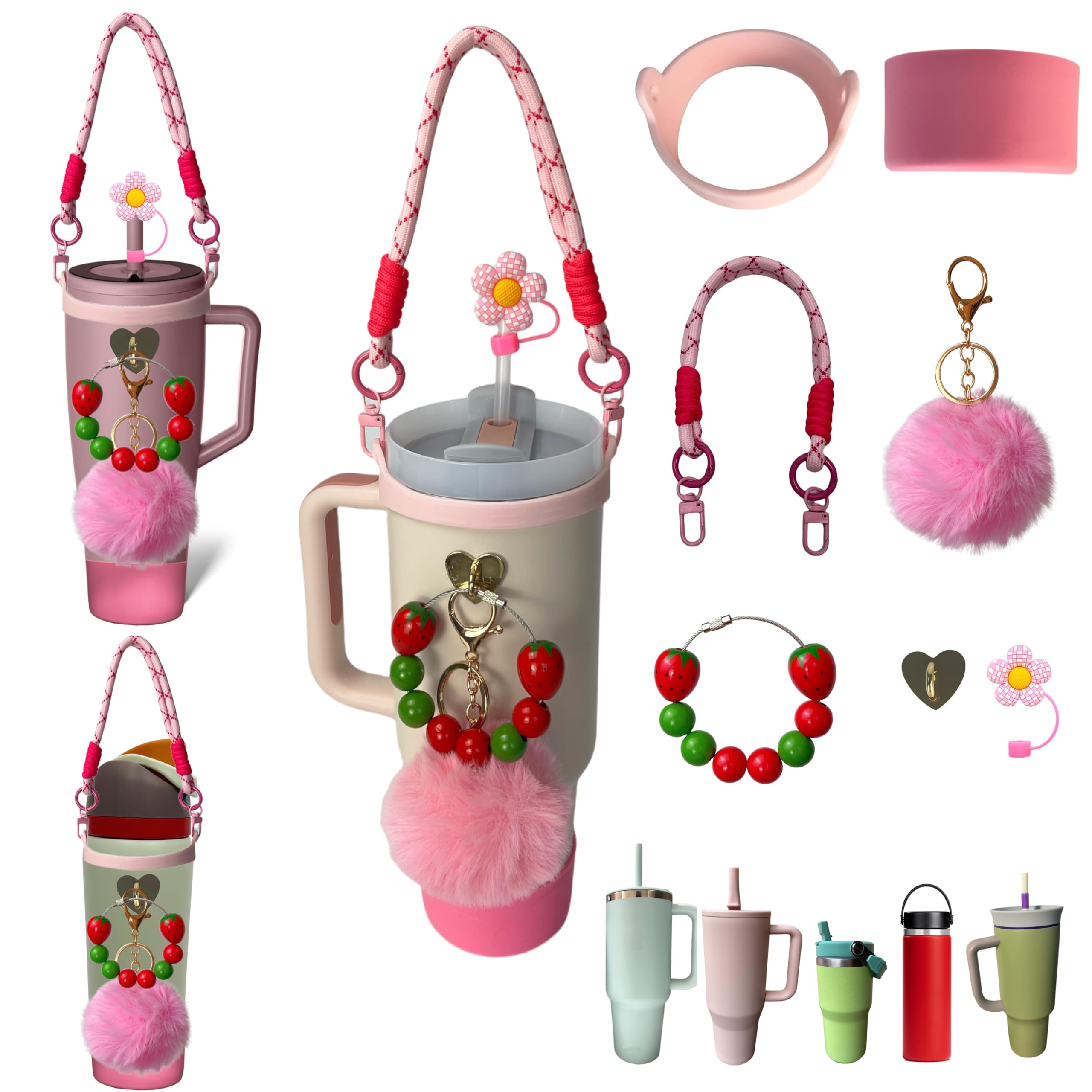 Cute Strawberry Charms Straw Cover Lid Set With Strap Carrier For Stanley Cup 20/30/40 oz Accessories For Owala/BrüMate Era 24/32/40 Oz Water Bottle Holder Pink Red