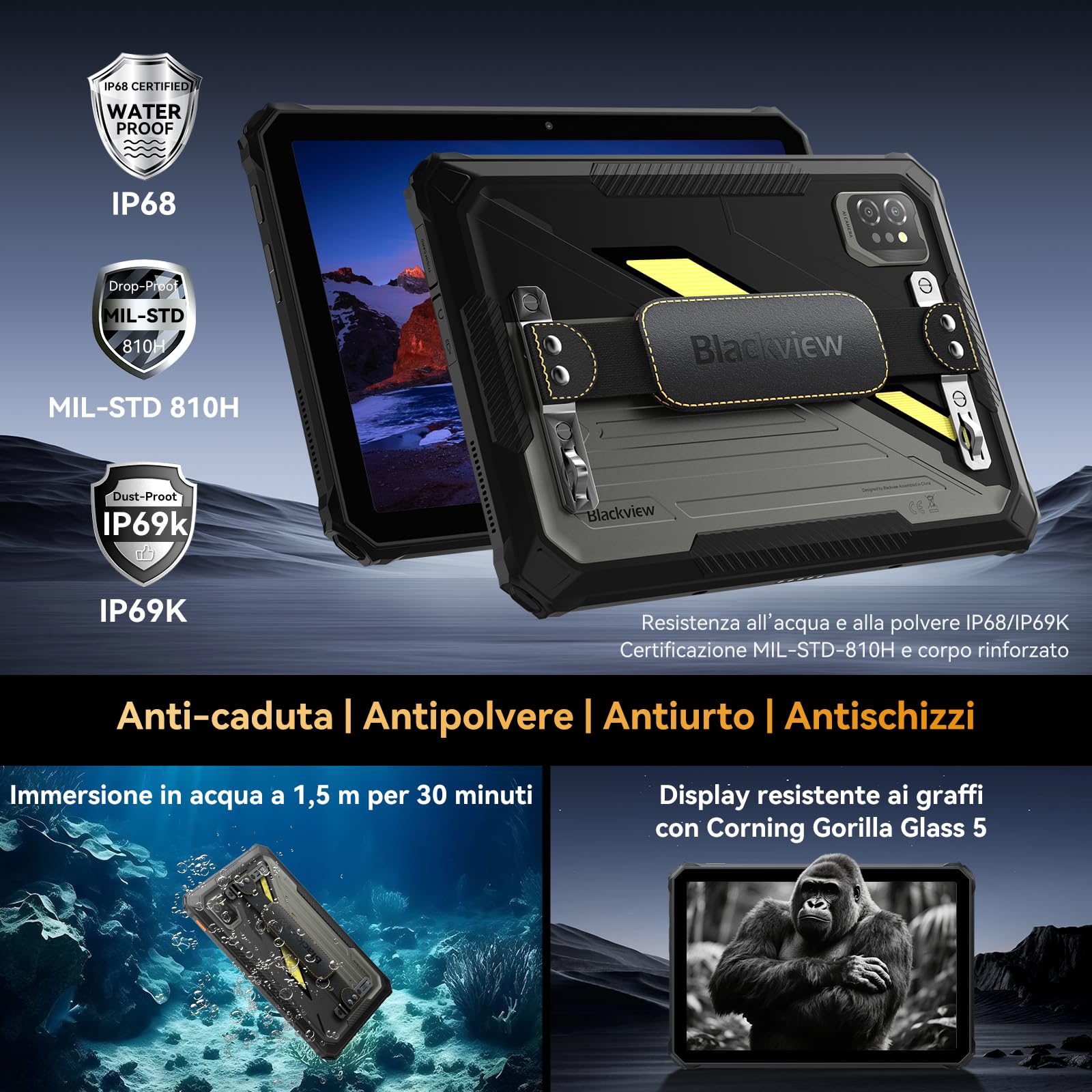 Blackview Active 7 Tablet Rugged 11 Pollici FHD+ Android 15 GeminiAI/20MP Visione Notturna/Luce Campeggio/Dual 4G Rugged Tablet PC 24 GB RAM+128 GB ROM+2 TB TF NFC/GPS/10000mAh/45W/OTG/con Penna Stilo