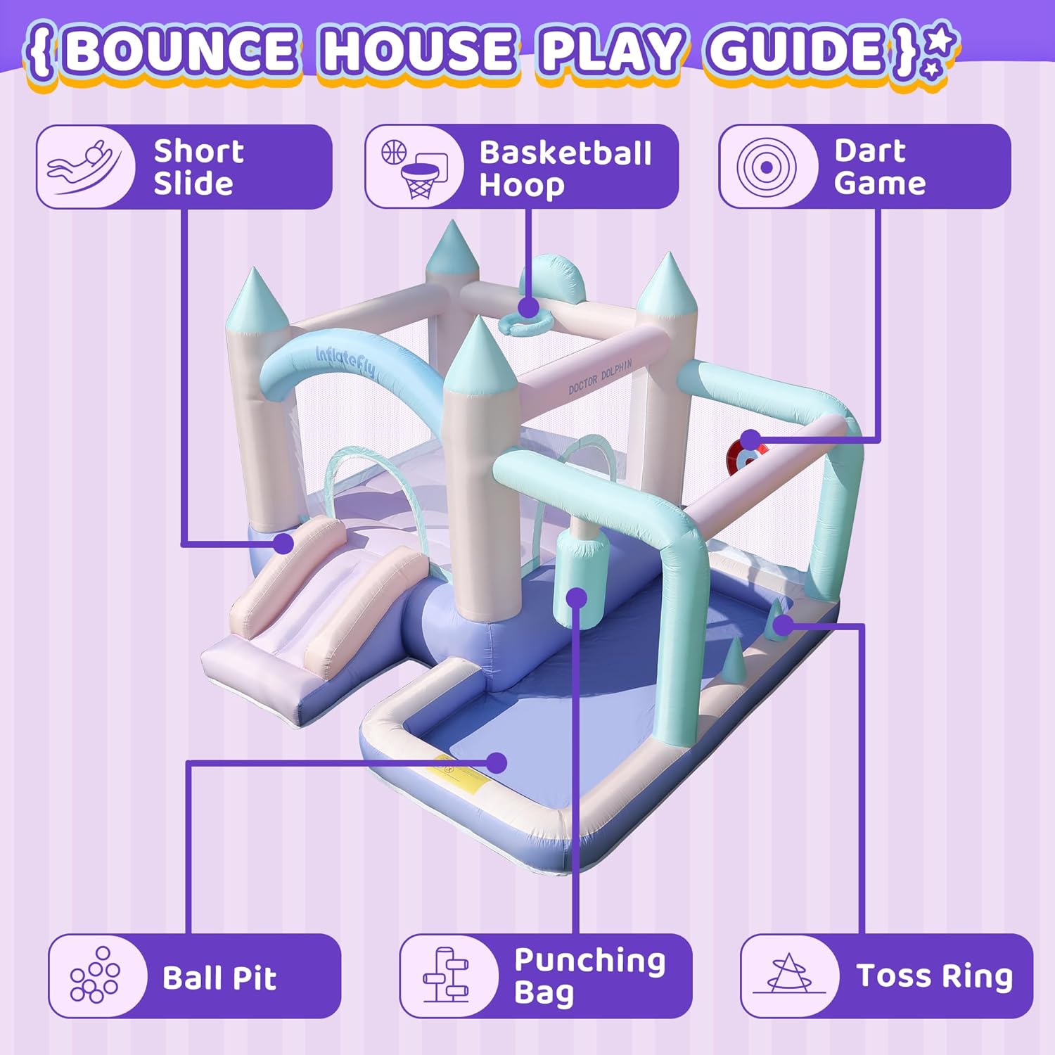 INFLATEFLY Inflatable Bounce House, Kids Slide Bouncy Castle with Blower, Ball Pit, Baskstball Hoop, Toss Ring,Target Game for Party Outdoor Indoor