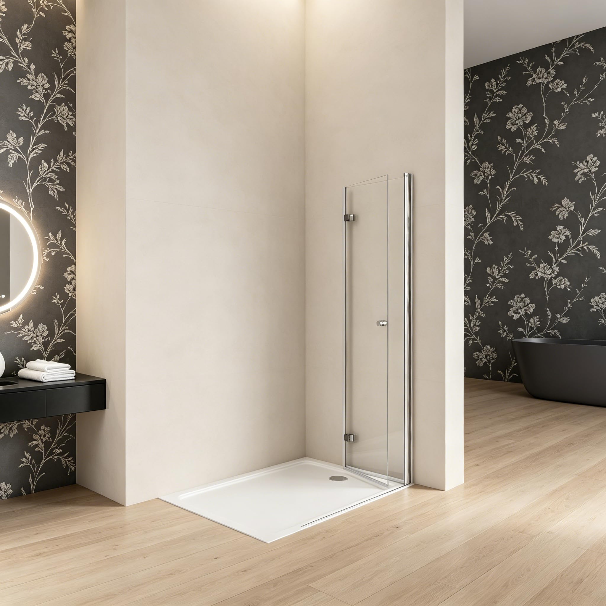 Walk in Dusche 90x185cm Faltwand Duschabtrennung 6mm ESG-Sicherheitsglas – 180° faltbar & bodeneben – ultrabreiter Einstieg, geeignet für kleine Badezimmer