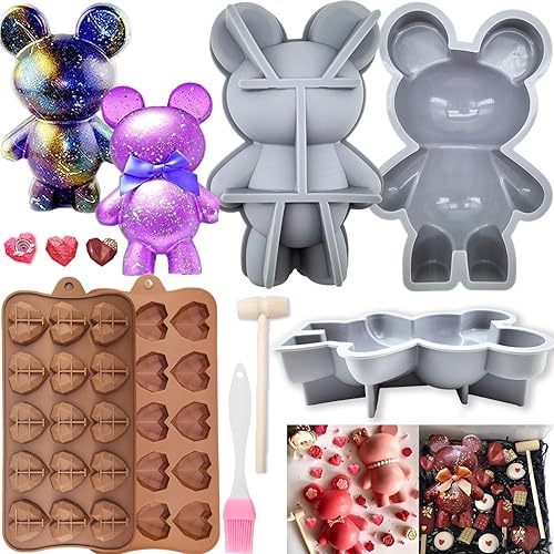 6 piezas de molde de silicona grande de oso de peluche 3D para chocolate, moldes de corazón de diamante rompibles, moldes de silicona para el día de