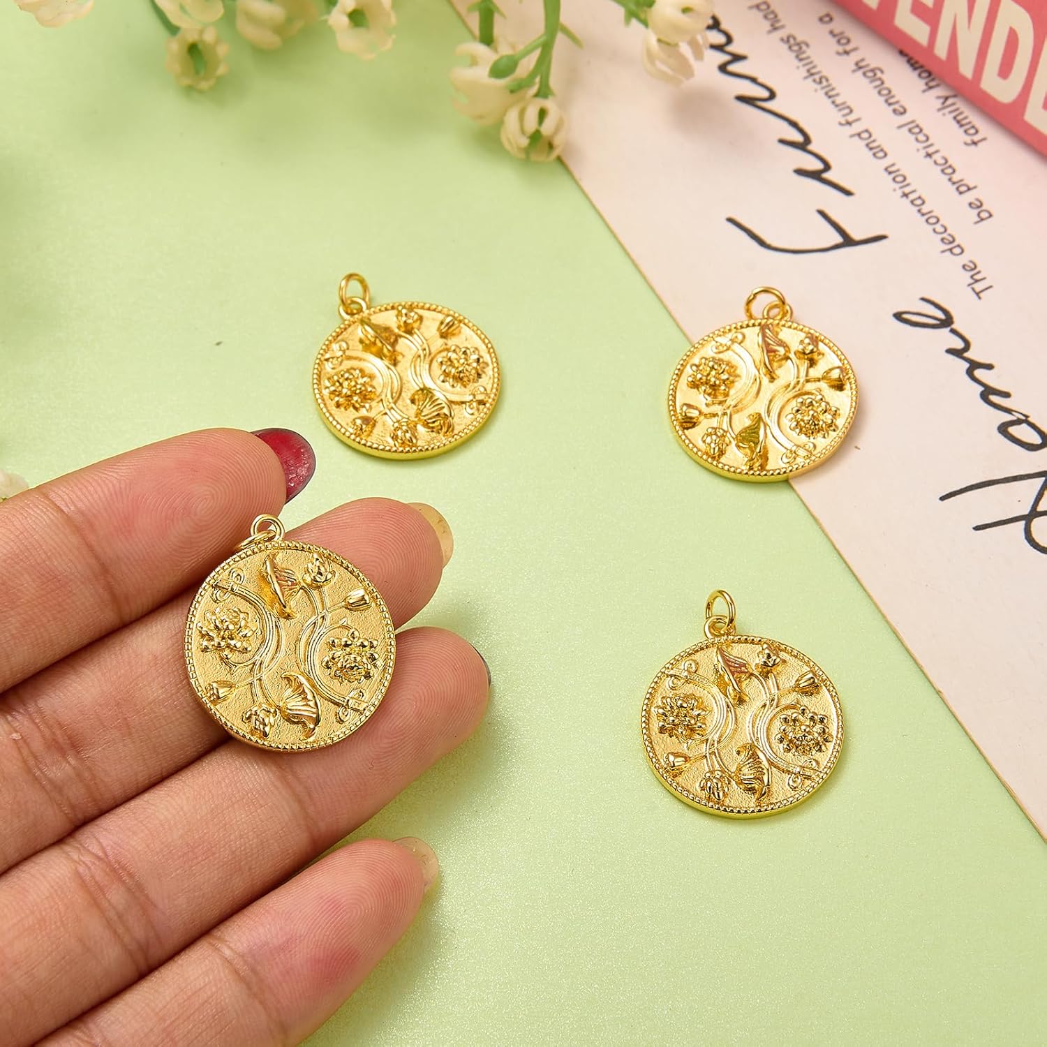 5 Pcs Rose Flower Charms for Jewelry Making 18K Gold Plated Charms Bulk Cute Brass Round Pendants for Bracelet Necklace Earring Keychain DIY Supplies - Image 3