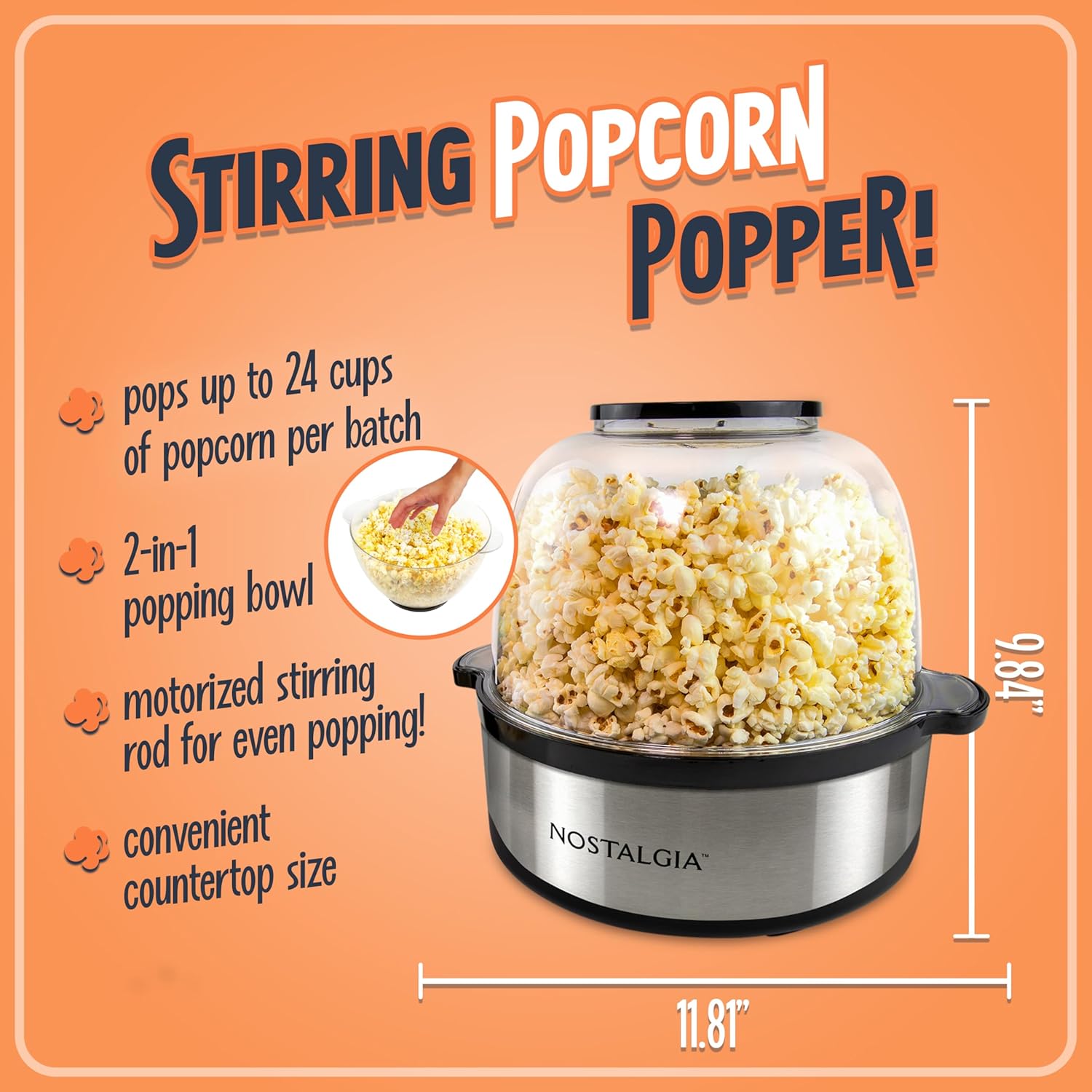 Nostalgia Stirring Popcorn Popper with dimensions and features labeled