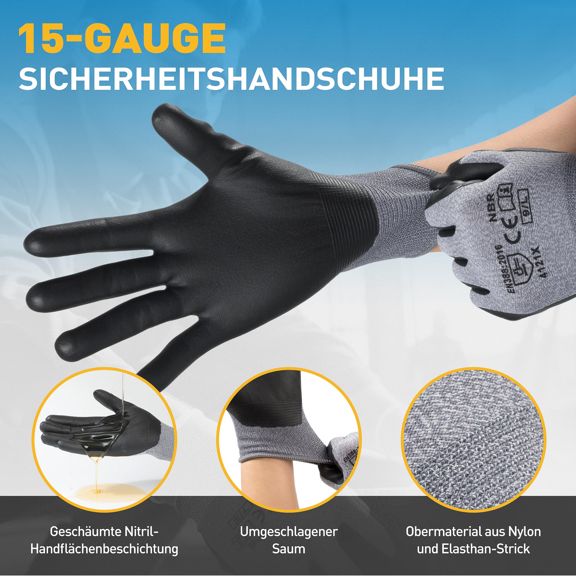 S SATC 16 paires de gants de travail en tricot fin 15 gauge pour hommes et femmes, avec revêtement en mousse de nitrile - Pour maintenance, construction mécanique, logistique (8/M)