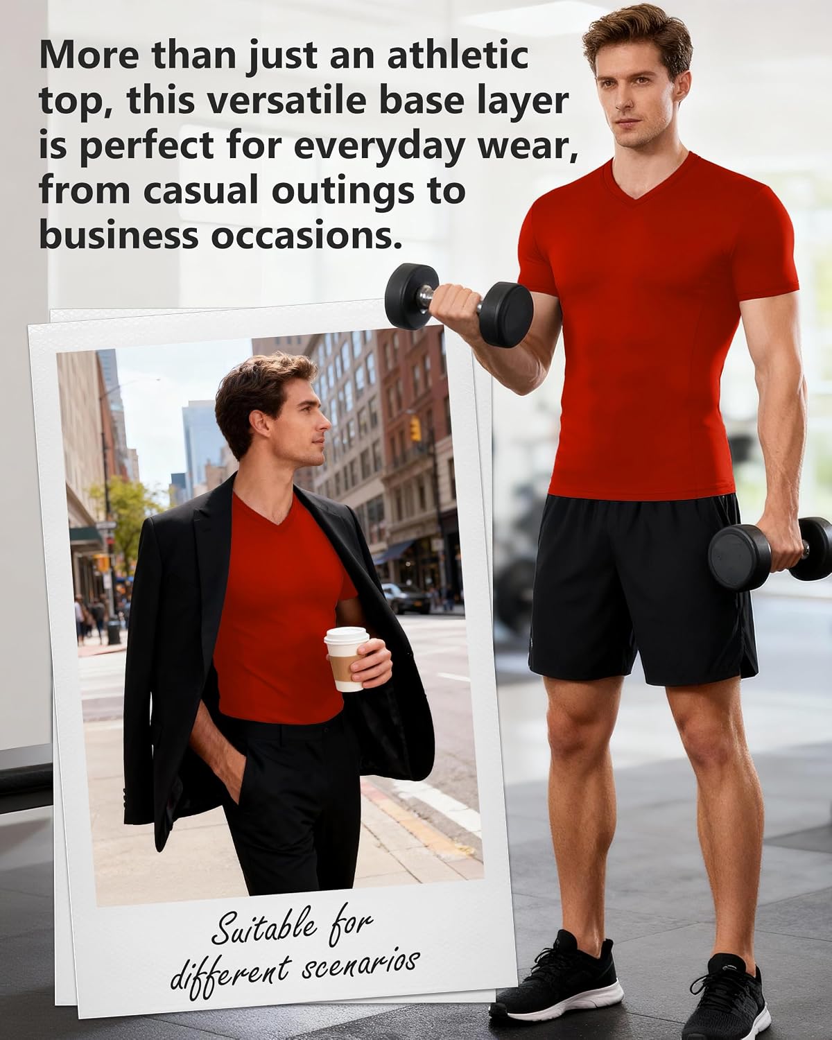 Roadbox Mens Compression Shirt Short Sleeve, V-Neck Gym Running Sports T-Shirt, Cool Dry Athletic Base Layer Undershirts