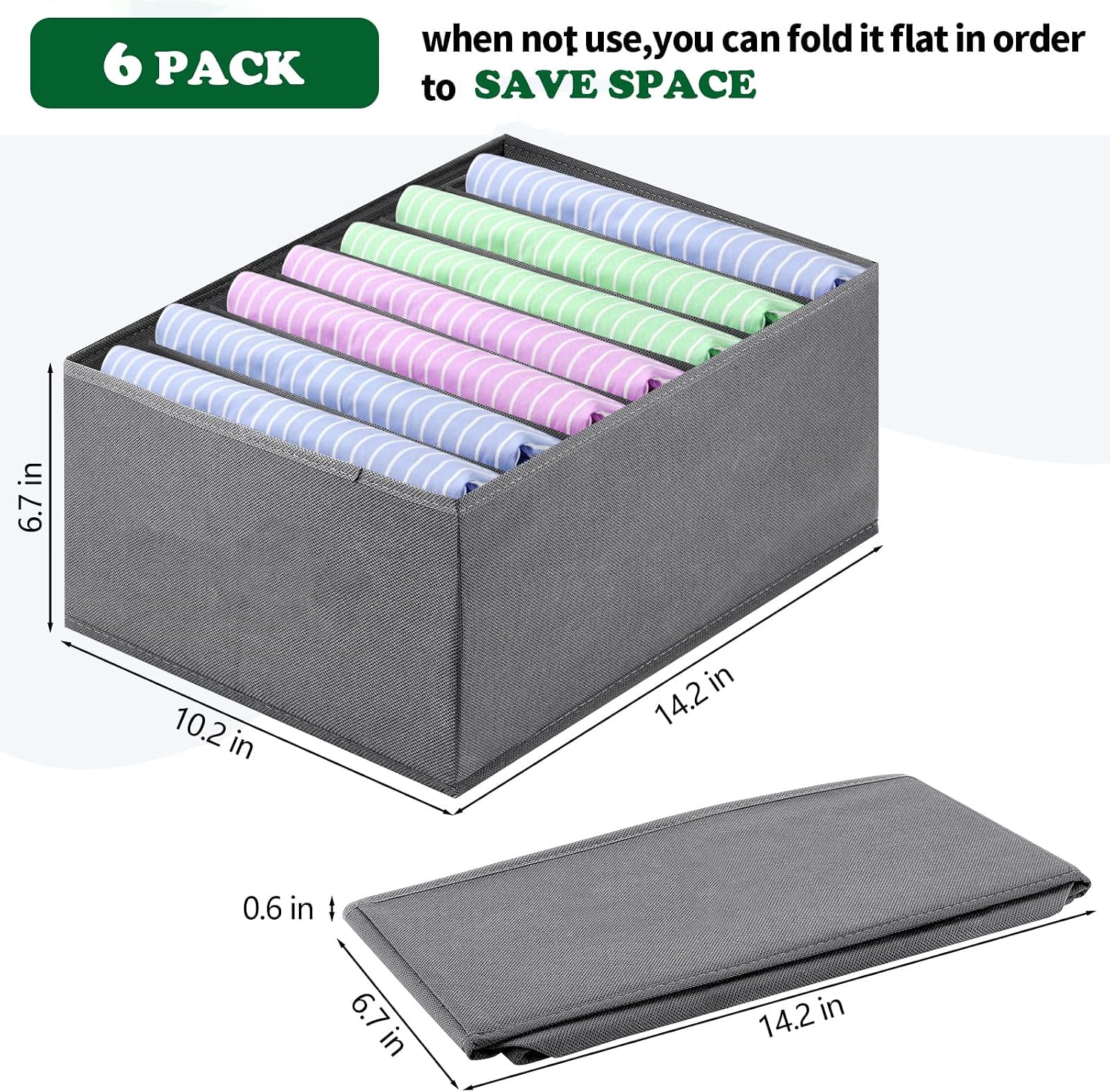 6 PACK Jeans Organizers for Closet, Foldable Wardrobe Clothes Organizer, Stackable Closet Clothes Drawer Organizer Tshirts with 7 Grids for Leggings, Sweater, Jean, Pants, Grey