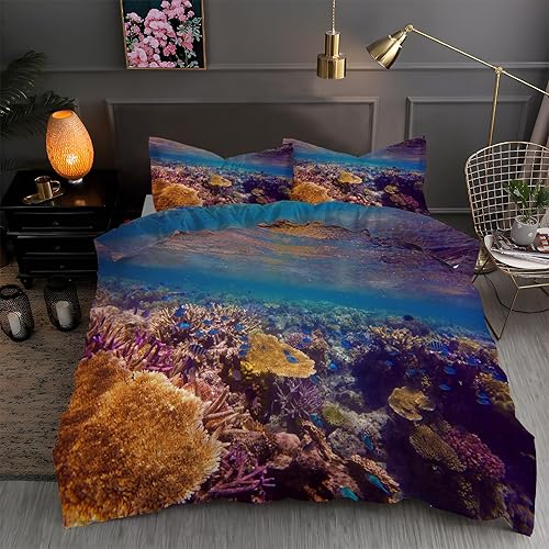 Funda de edredón coral California King con estampado de mar, funda de edredón de microfibra suave y 2 fundas de almohada de 20 x 36 pulgadas, juego