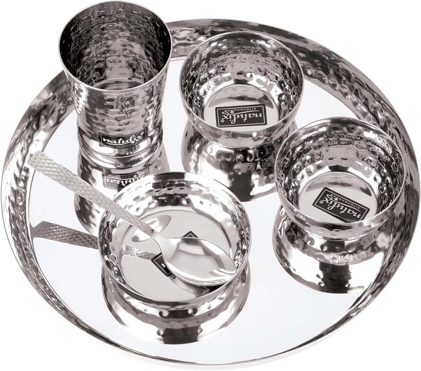 NATULIX Stainless Steel Hammered Finish Dinner Set of 1 Thali, 1 Plate, 2 Bowl, 1 Glass, 1 Spoon (Thali Diameter 12 inch) - Set of 6
