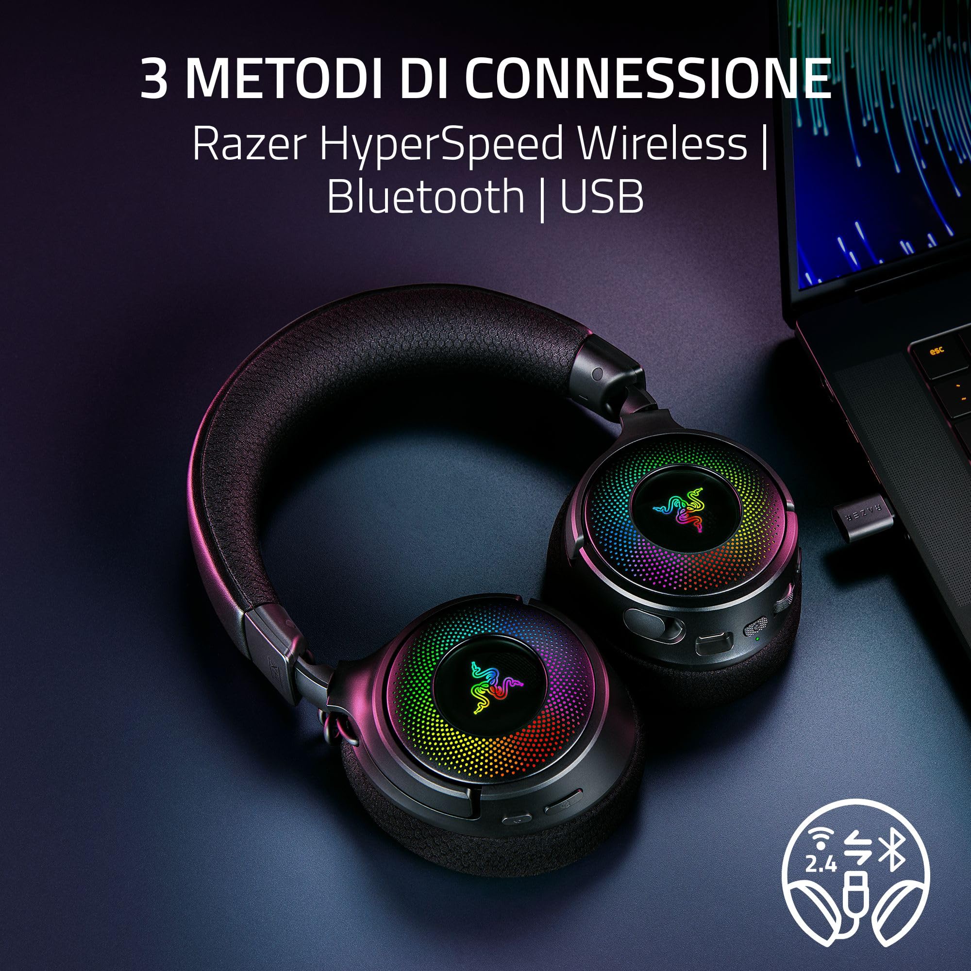 Razer Kraken V4 - Cuffia da gioco wireless (connettività a 3 modalità, Driver TriForce da 40mm, illuminazione del auricolare RGB a 9 zone, regolazione del mix e del volume, THX Spatial Audio) Nero