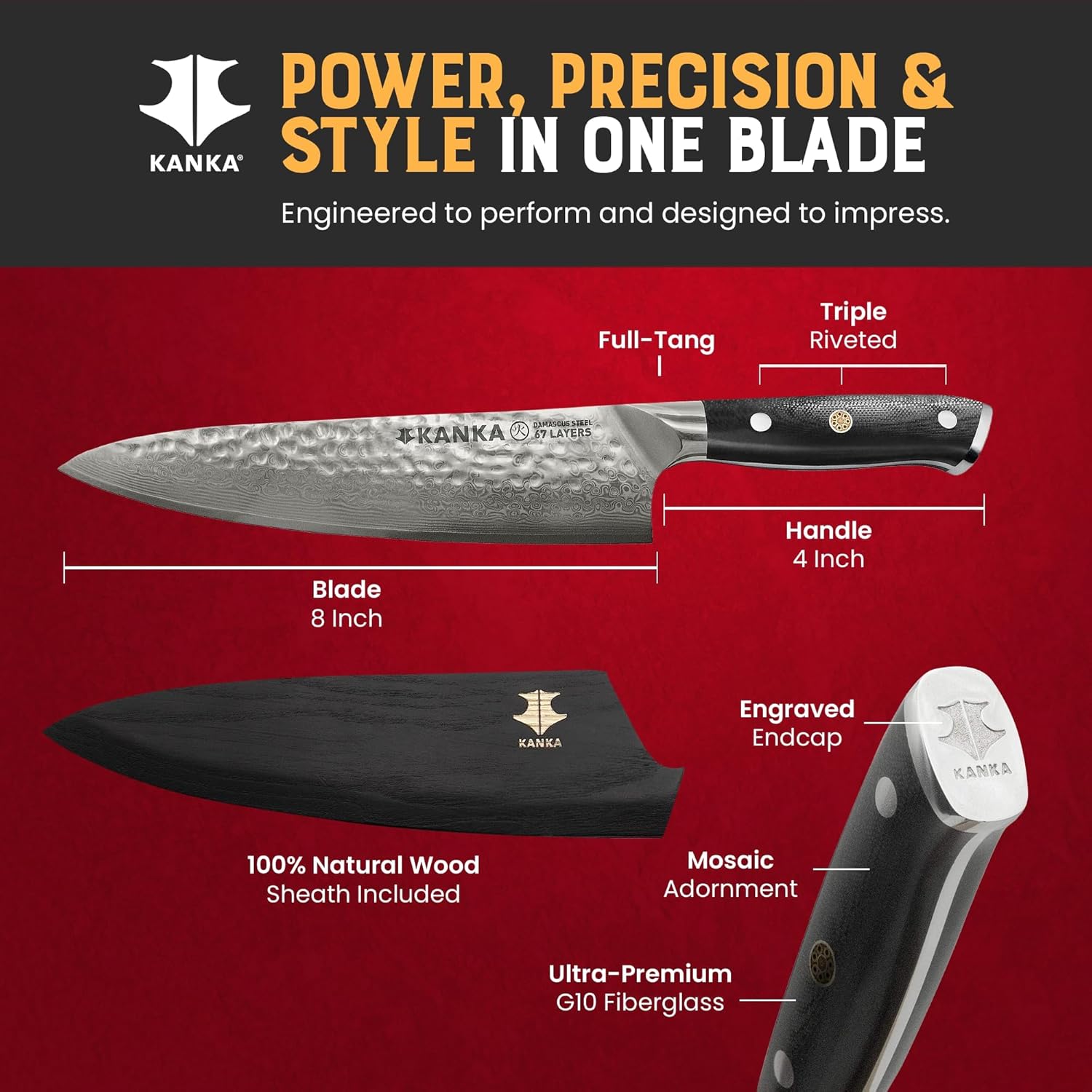Kanka Chef Knife Damascus Steel 8" - 67 Layer Professional Steel, 10Cr Core, Razor-Sharp 62 HRC Edge, Ergonomic G-10 Fiberglass Handle, Wood Sheath INCLUDED – Chef Kitchen Knife for Precise Cutting