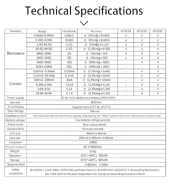 UNI-T UT271A UT271B UT271C Ground Resistance Tester Clamp Ammeter AC Leakage Current Clamp Meter Data Storage(UT271C)