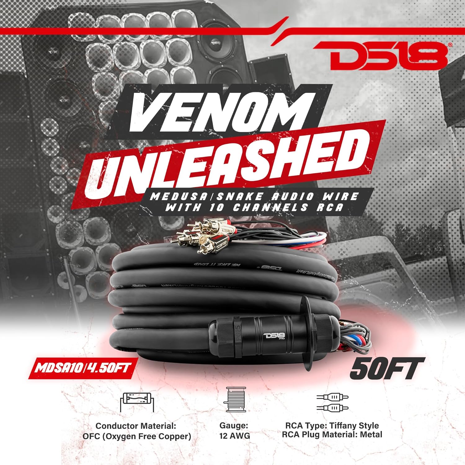 DS18 MDSA10/4.50FT Medusa/Snake Audio Wire with 10 Channels RCA and 4 x 12GA OFC Power Cables 50ft - Heavy Duty Remote Audio/Power Wire Snake Cable for Radio Box Extension