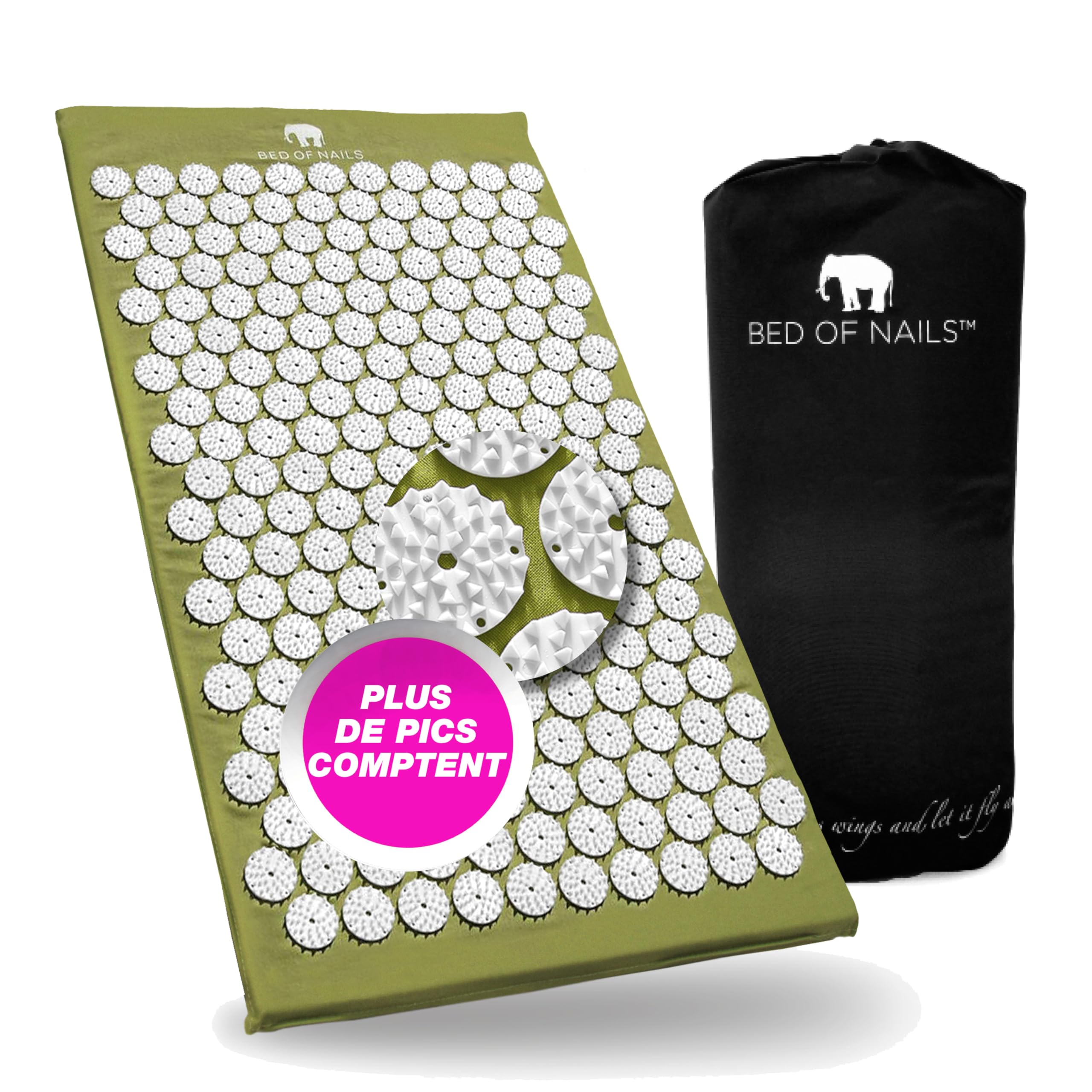 Bed of Nails Original Acupression Tapis, Acupuncture Tapis avec 8,820 Massage Tapis Pointes pour Bien-être, Augmenté Énergie, Dos Douleur Soulagement, Relaxation, 74 x 41 x 2 cm, Transport Sac, Vert