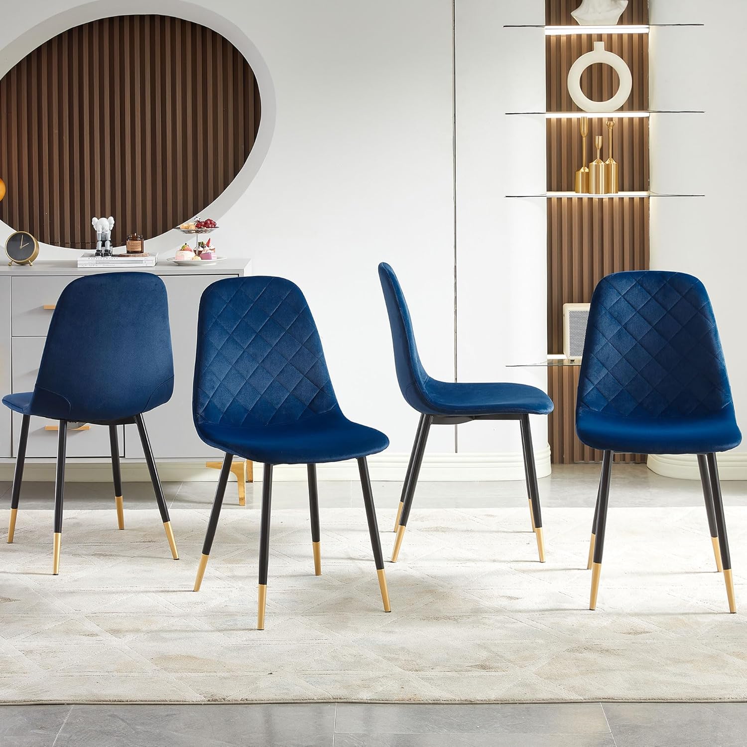 NORDICANA Velvet Dining Chairs Kitchen Plain Color Chair Upholstered Side Stools with Backrest Metal Legs Set of 4, Navy Blue