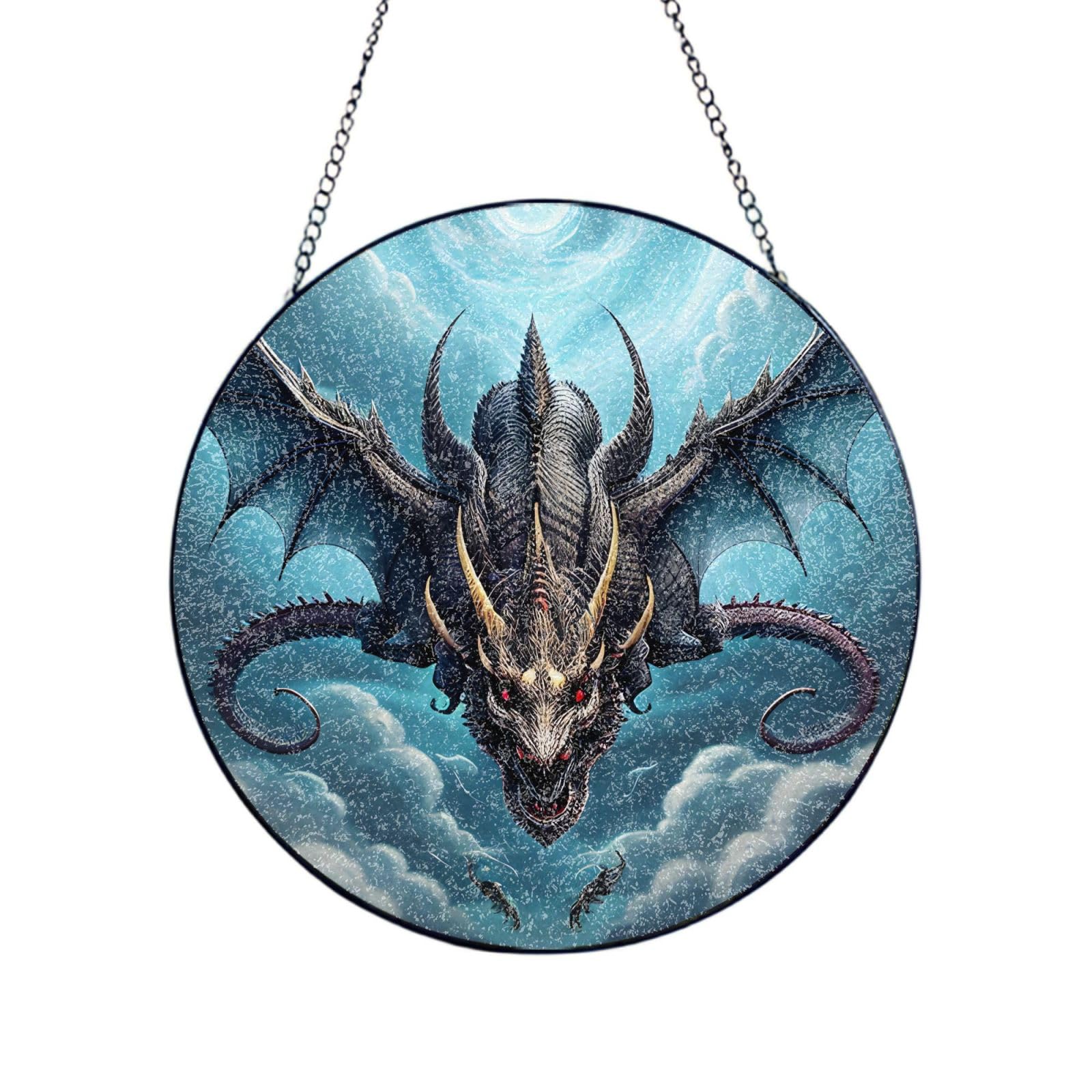 Phayah Flying Dragon Print Glass Window Hanging Round Suncatcher Glass Ornament Garden Wall Fence Decorations Indoor Outdoor 6in（15cm）