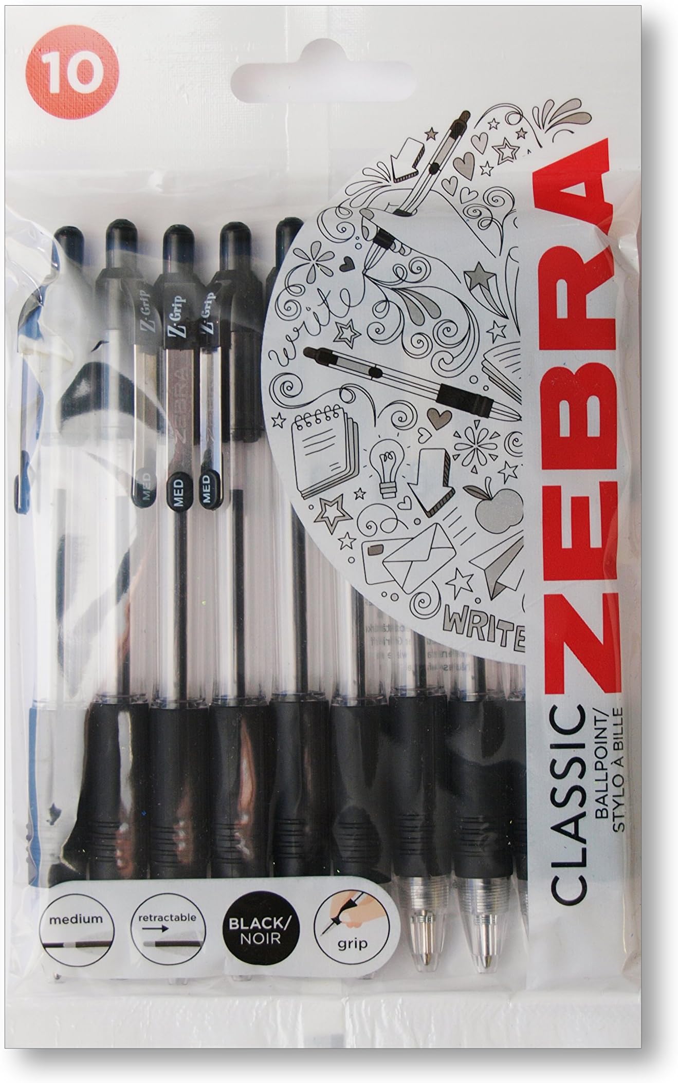 Zebra Pen Z Grip Black Pens Ballpoint, Smooth & Comfortable Ballpoint Pens with Pocket Clip, Retractable & Reliable Biro Pens Multipack - Medium Point, 10 Pack