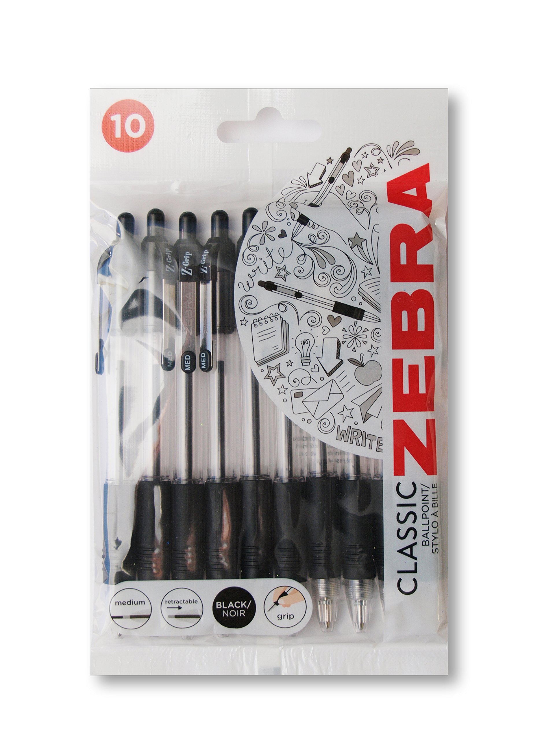 Zebra Pen Z Grip Black Pens Ballpoint, Smooth & Comfortable Ballpoint Pens with Pocket Clip, Retractable & Reliable Biro Pens Multipack - Medium Point, 10 Pack