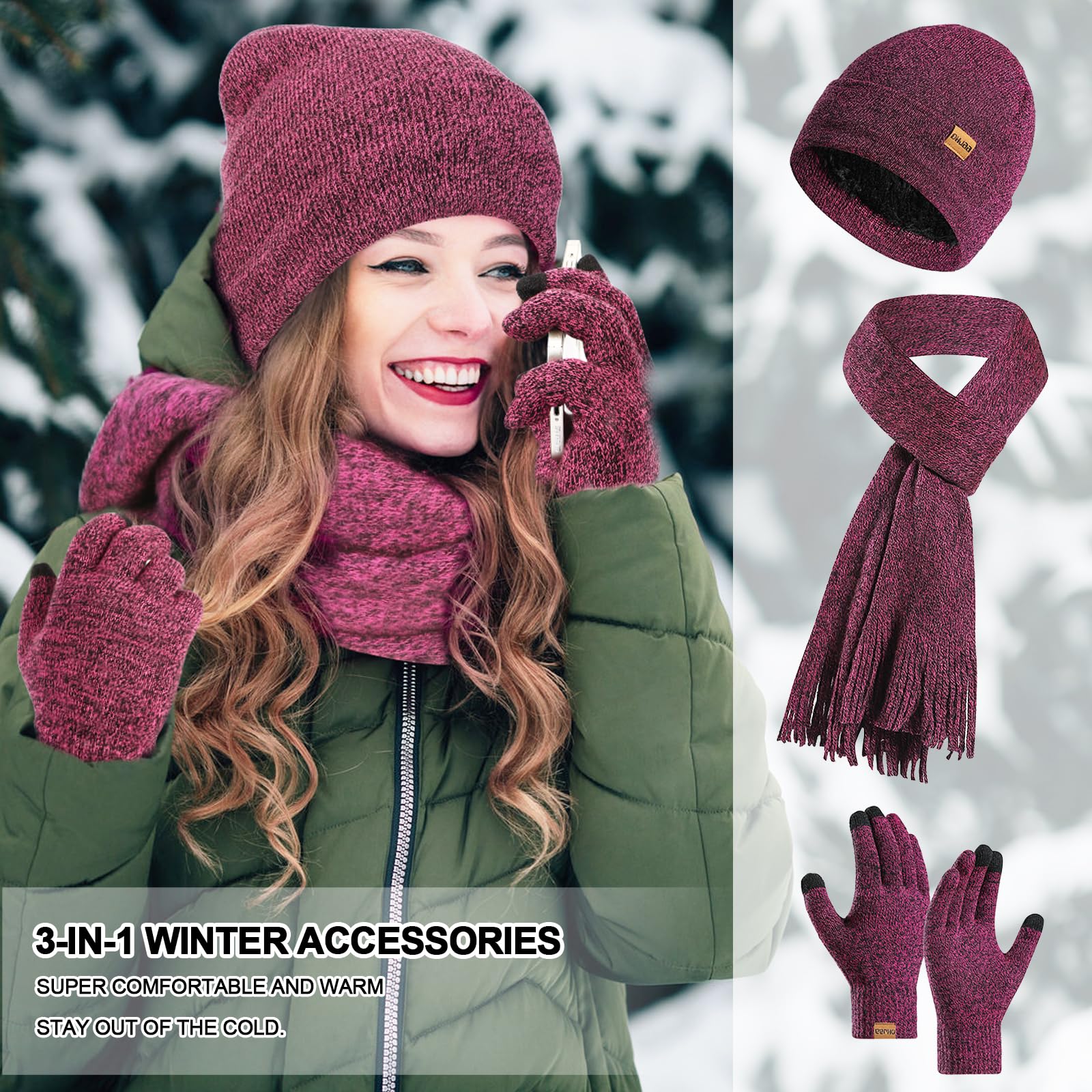 Invierno Gorro Bufanda Guantes de Pantalla Táctil Set 3 en 1 para Mujeres, Sombreros de Punto con Cálido Forro Polar Suave Larga Lana Bufanda Elástico Guantes Conjunto para Mujeres Regalos