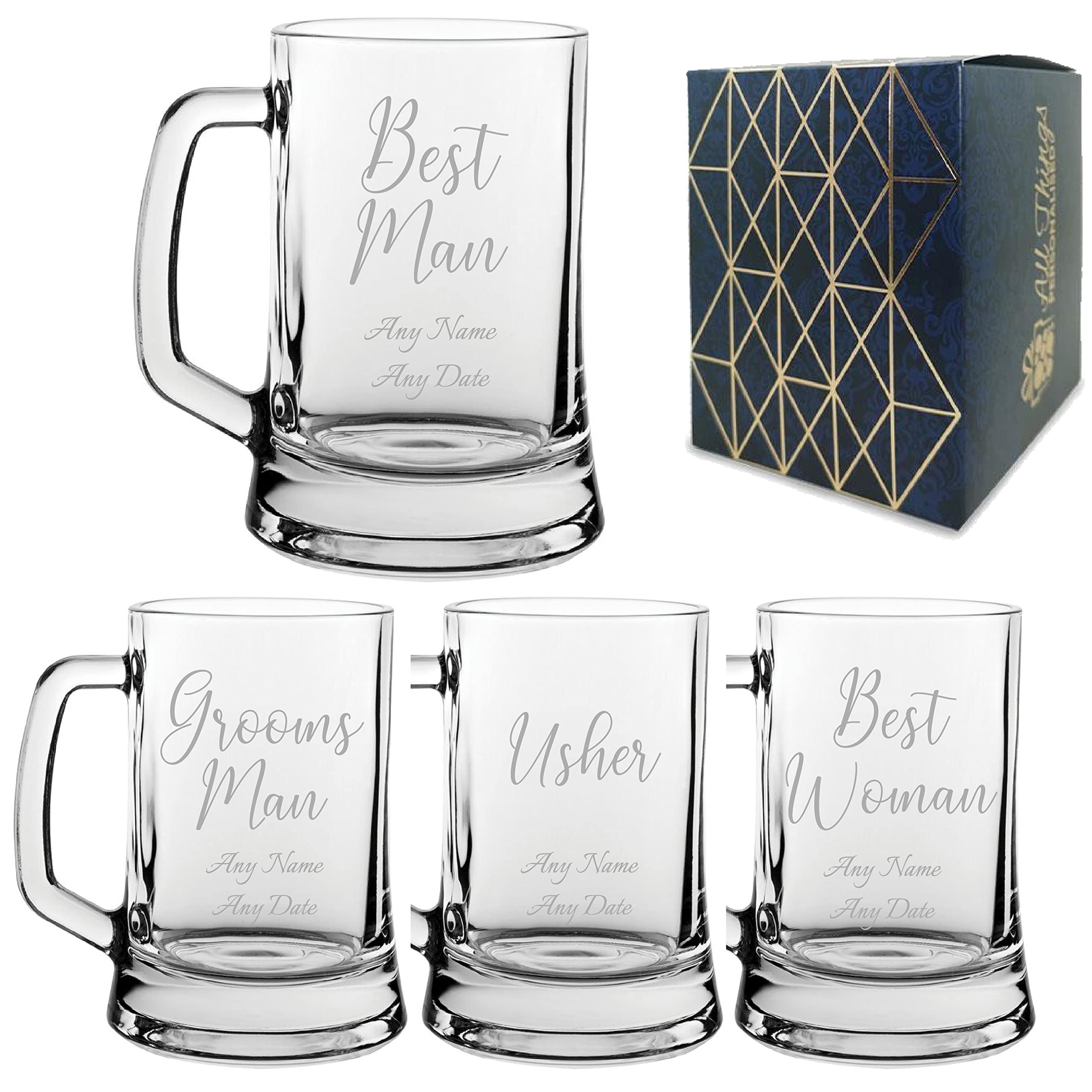 Personalised Engraved Wedding Guest Tankard Beer Mug, Best Man, Grooms Man, Best Woman, Maid of Honour, Chief Bridesmaid, Any Text, 16.7oz/495ml Glass Tankard, Handwritten Font
