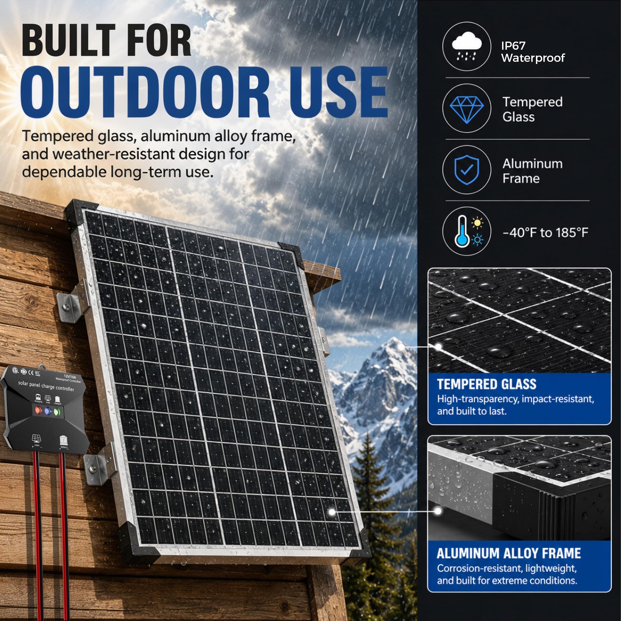 Voltset 50 W 12 V Solarpanel-Set, Erhaltungsladegerät für monokristalline Solarbatterien + Upgrade auf 10 A MPPT-Laderegler + Z-förmige Halterung für Auto, Wohnmobil, Boot, Motorrad, Toröffner