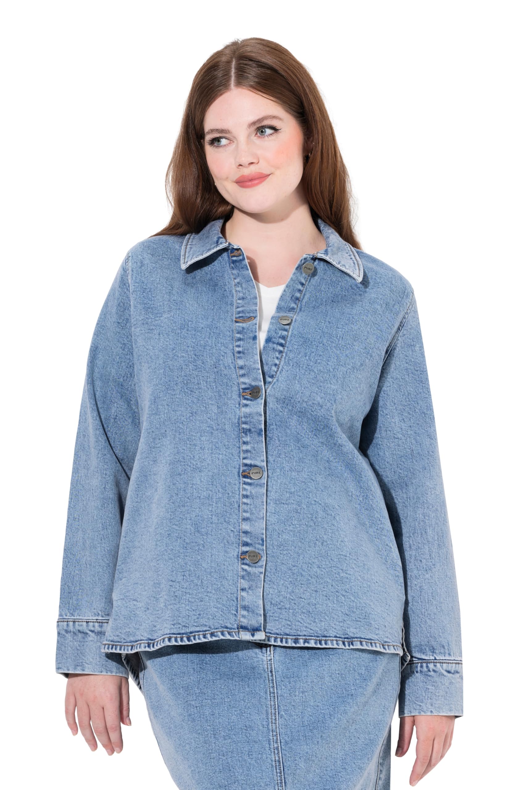 Ulla Popken Women's Denim Shaket, Shirt Collar, Long Sleeves, Organic Cotton Indoor Jackets & Blazers
