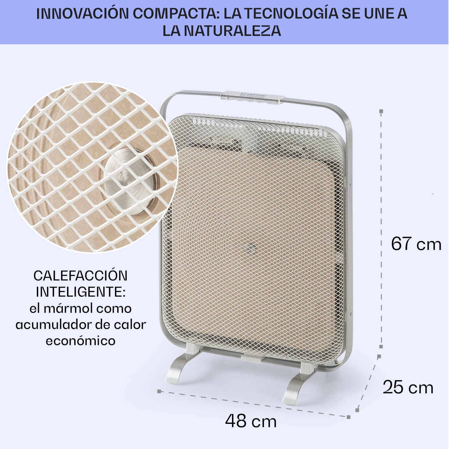 Klarstein Calefactor Infrarrojo 1300W, Panel Calefactor Infrarrojo para Casa, Portátil de Aluminio con Mármol Retenedor de Calor, Termostato, Protección Antihielo, Bajo Consumo