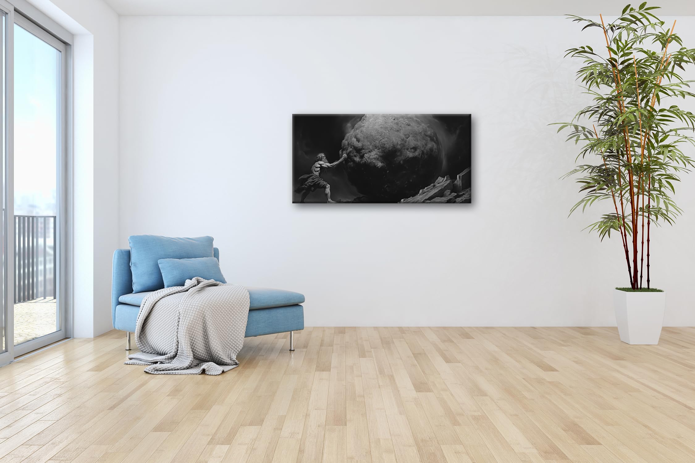 Leinwandbild Sisyphos’ Kampf – der Berg als endlose Prüfung. Panorama 120x60cm Effekt: Schwarz&Weiß XXL Kunstdruck Bild auf Keilrahmen/Wandbild/Wohnzimmer Dekoration