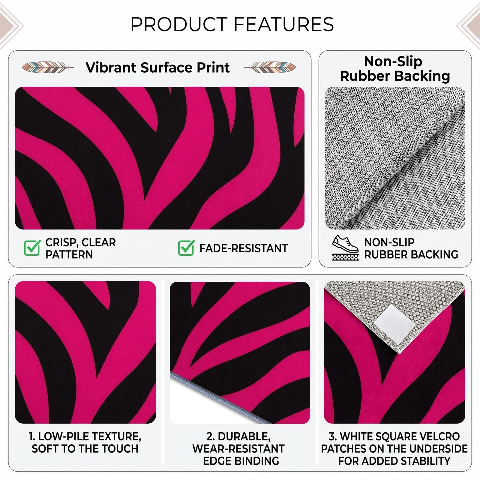 Tapis de Salon Imprimé Animal 120 x 170 cm, Texture Zèbre Rose Noir Tapis Poils Courts Lavable Moderne, Décoratif Antidérapant et Doux pour Salon Chambre et Bureau
