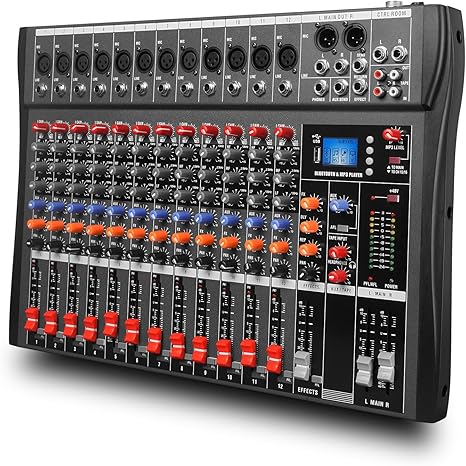 GX12 Professional Sound Board Console 12 Channel Mixer Interface Digital USB Bluetooth Computer MP3 Input 48V Phantom Power Stereo DJ Mixer for Live Events, Karaoke, Stage Performance