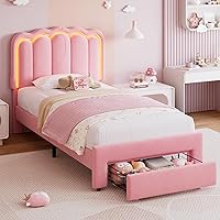 JOCOEVOL Pink Twin LED Velvet Bed Frame with Storage Drawer, Adjustable Wavy Headboard & RGB Lights for Girls