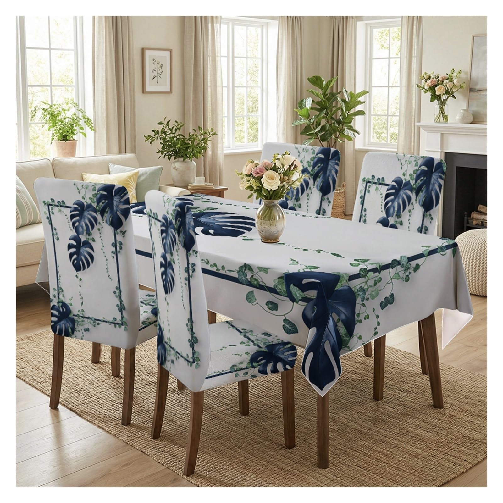 BOSUYBN Navy Blue Monstera Ivy Vine Border Printed Dining Tablecloth & Chair Covers Set, 5/7 Piece Minimal Tropical Modern Boho Home Decor Table Setting(5pcs Set: Tablecloth+Chair Covers)