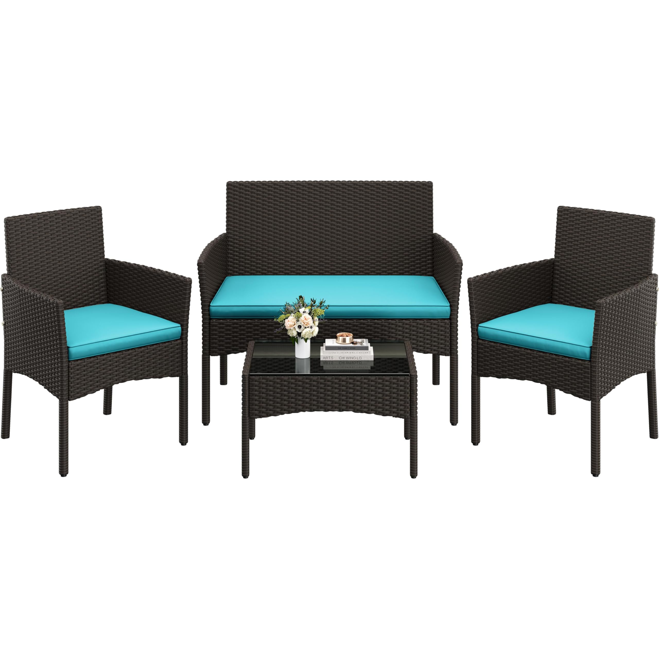 Yaheetech 4 Pieces Outdoor Patio Conversation Set, PE Rattan Wicker Sofa Set with Soft Cushion and Tempered Glass Table for Yard, Poolside, Garden (Brown/Cyan)